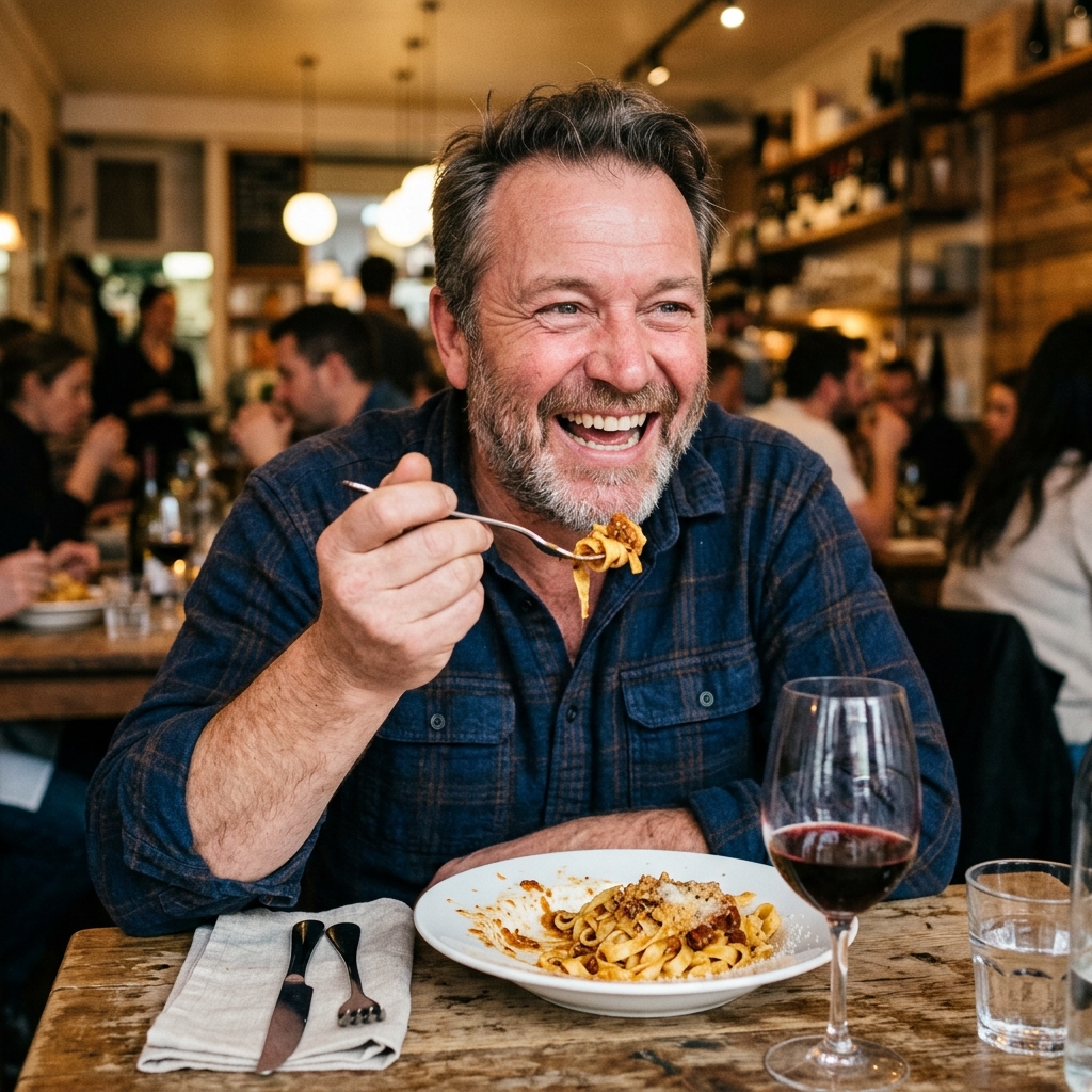 Cliente sorridente e felice che mangia